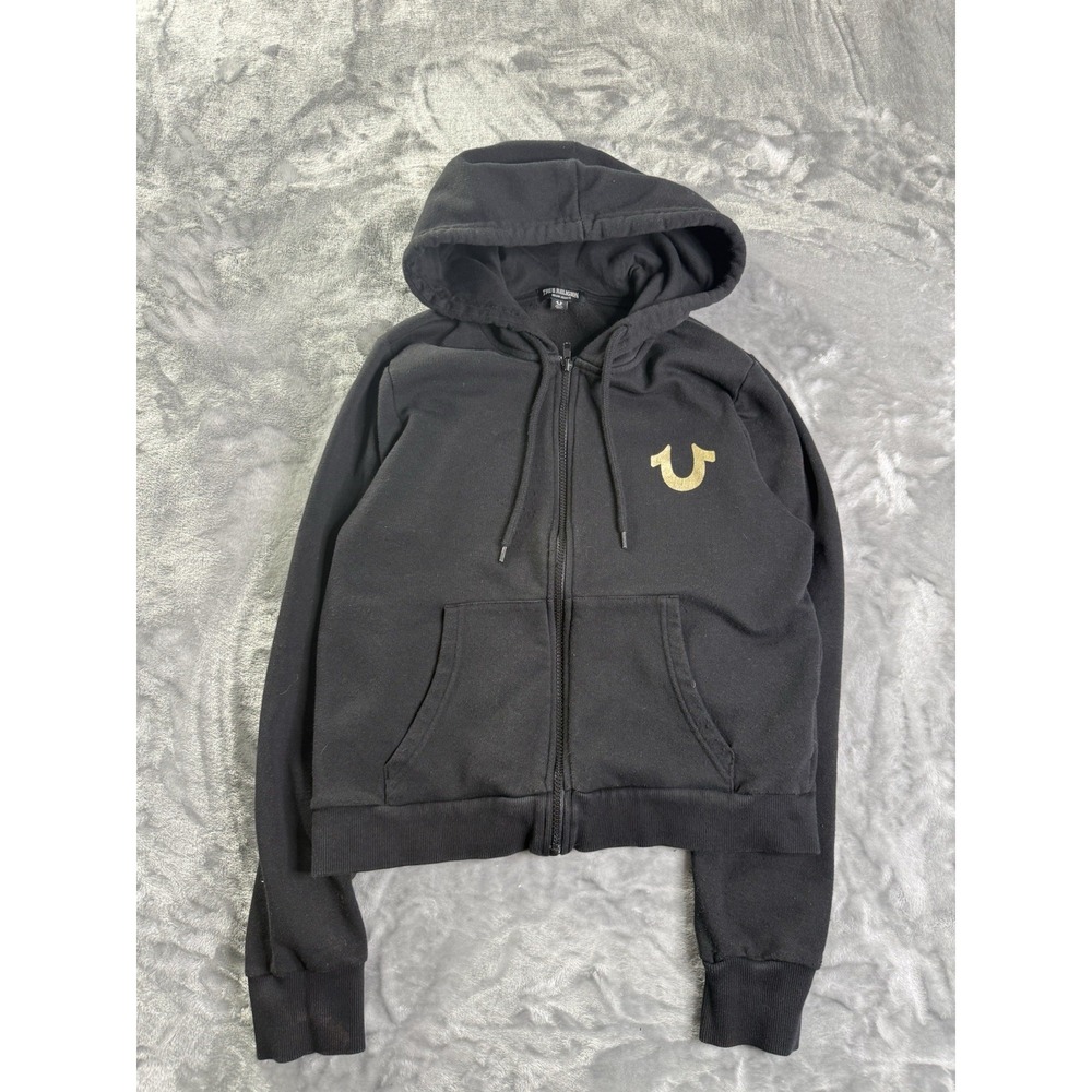 True Religion Womens Arch HS Glitter Zip Hoodie Size Medium Black / Golden